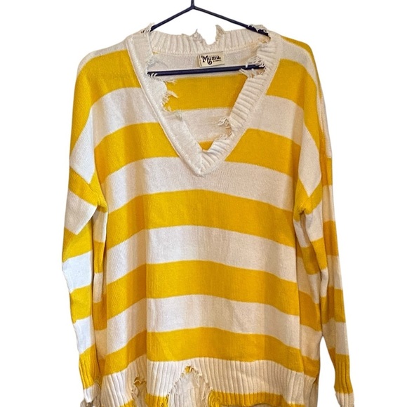 Show Me Your Mumu Delphina Distressed Yellow Rugby Stripe sweater Fall Boho - Picture 4 of 9